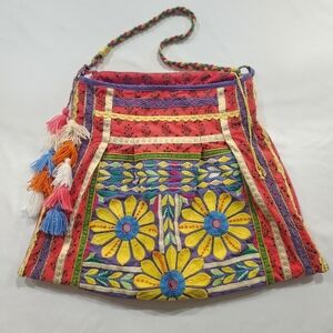 Colourful Amiani Boho Embroidered Fabric Slouchy Satchel